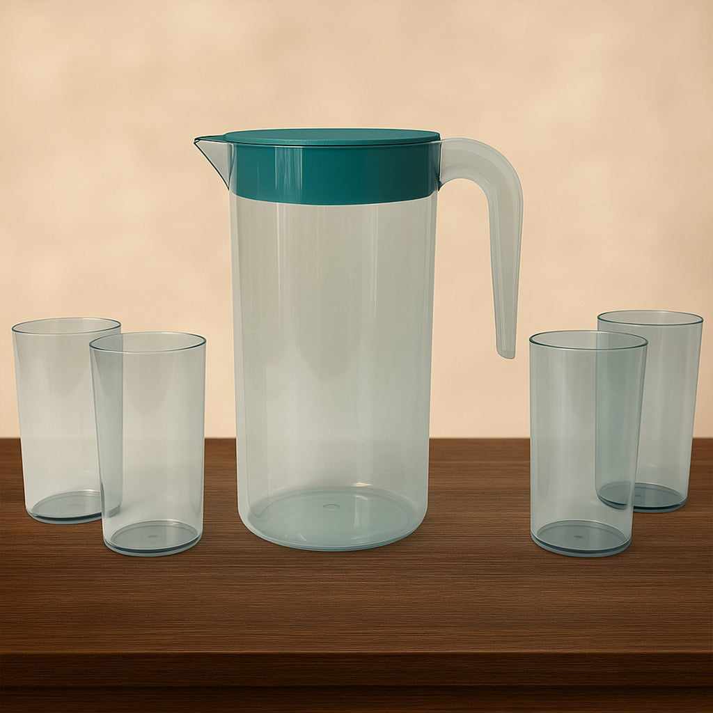 Apex Crystal Premium Jug with Lid & 4 Pcs Glass (1500 ML / 300 ML Approx / 5 Pcs Set)