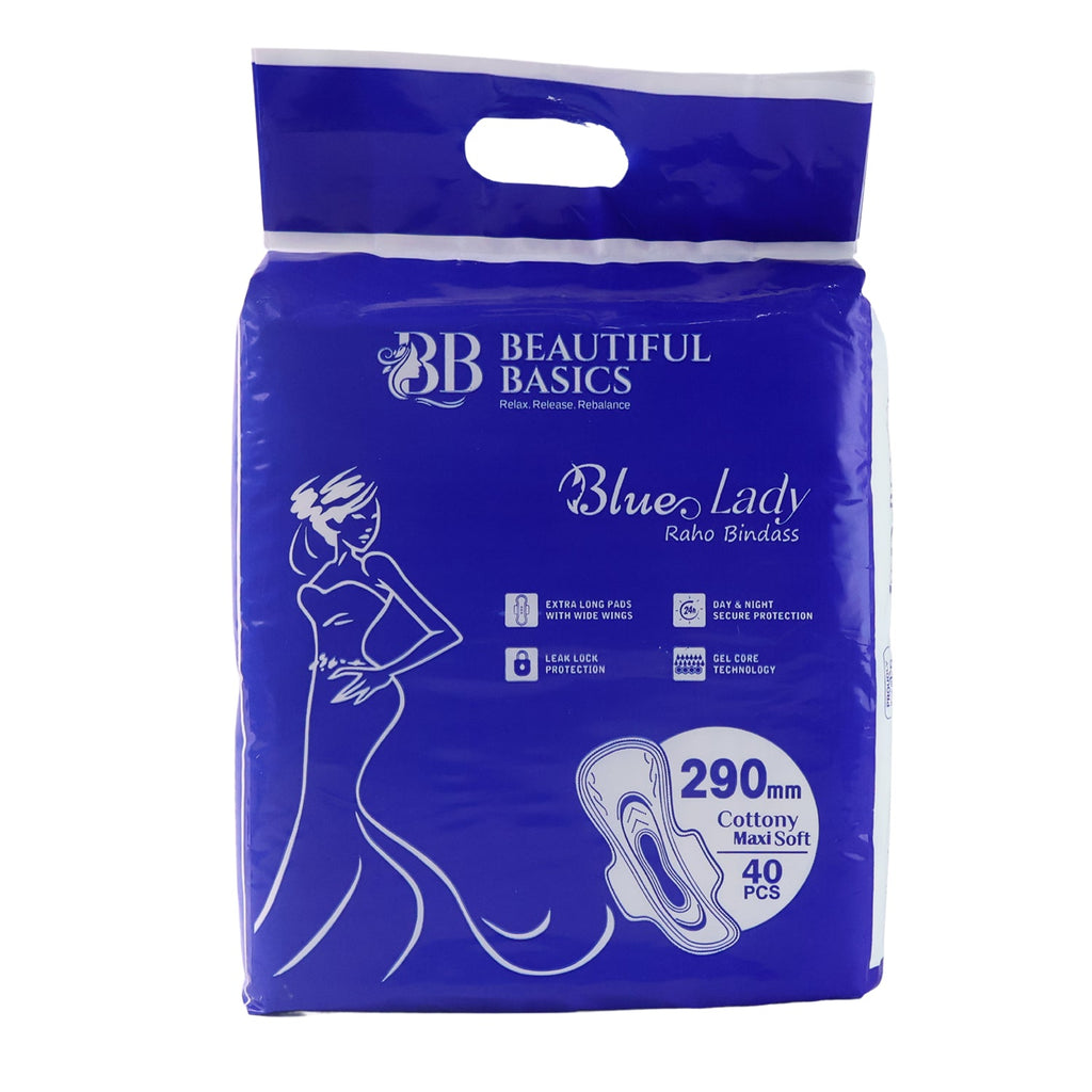 Beautiful Basics Blue Lady Extra Long Pads With Wides Wings Sanitary Pads – 290 mm, 40-Pack