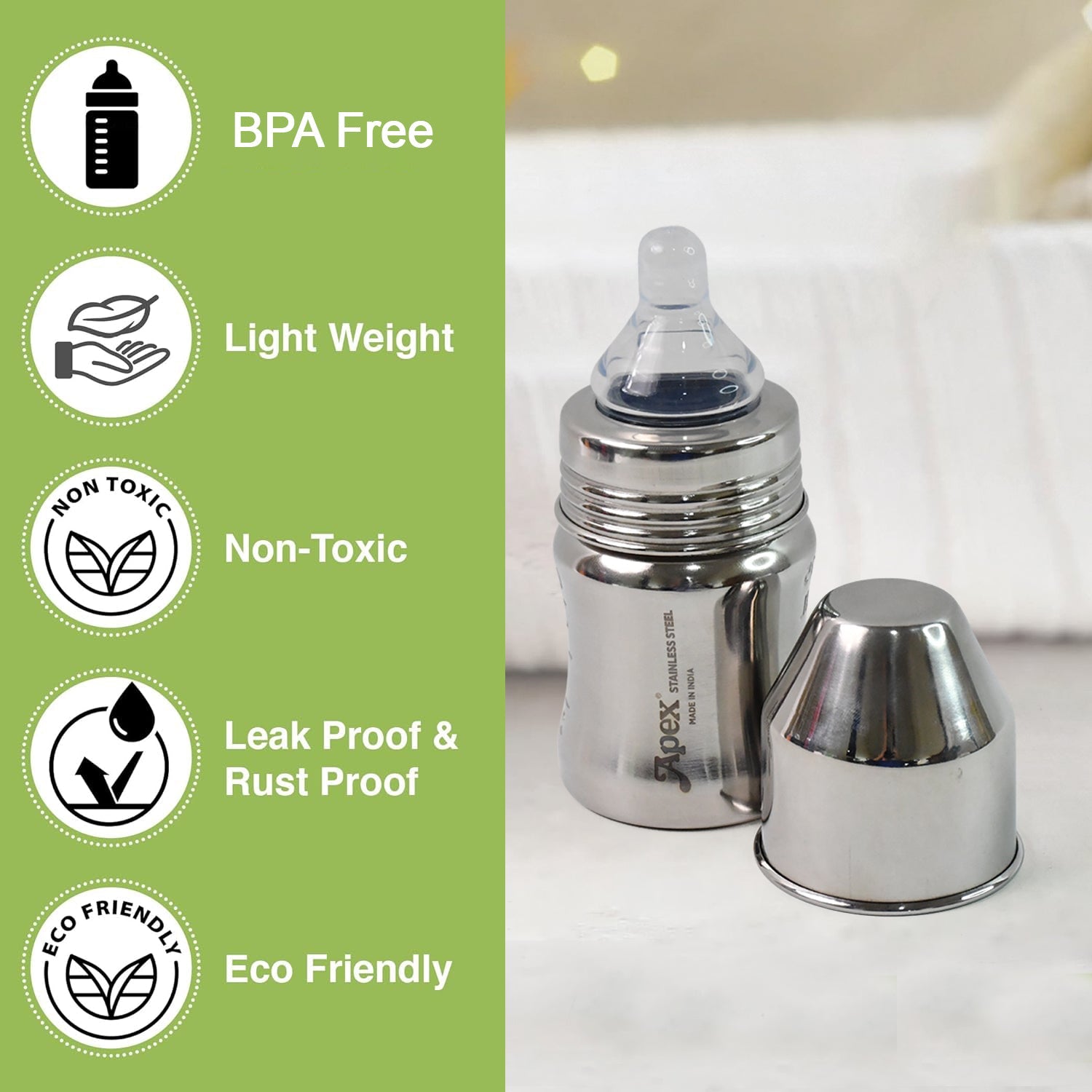 Apex Premium Stainless Steel Baby Feeding Bottle (125 ML / 1 Pc)